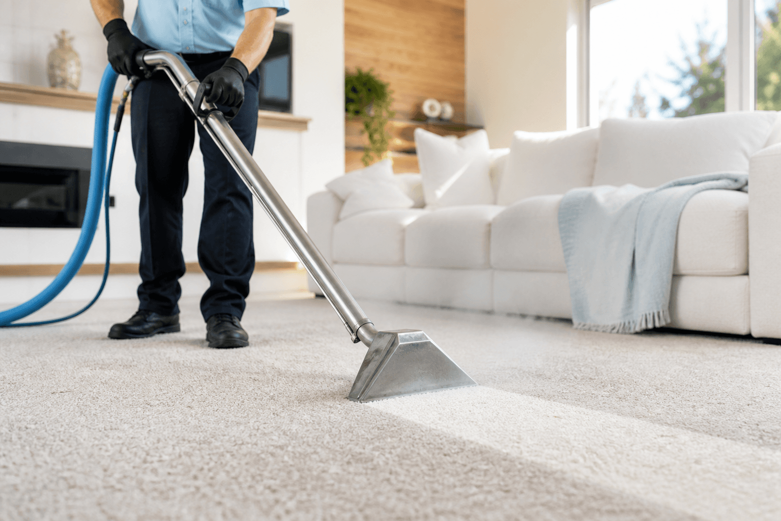 Professional hot water extraction carpet cleaning in a bright Orem home