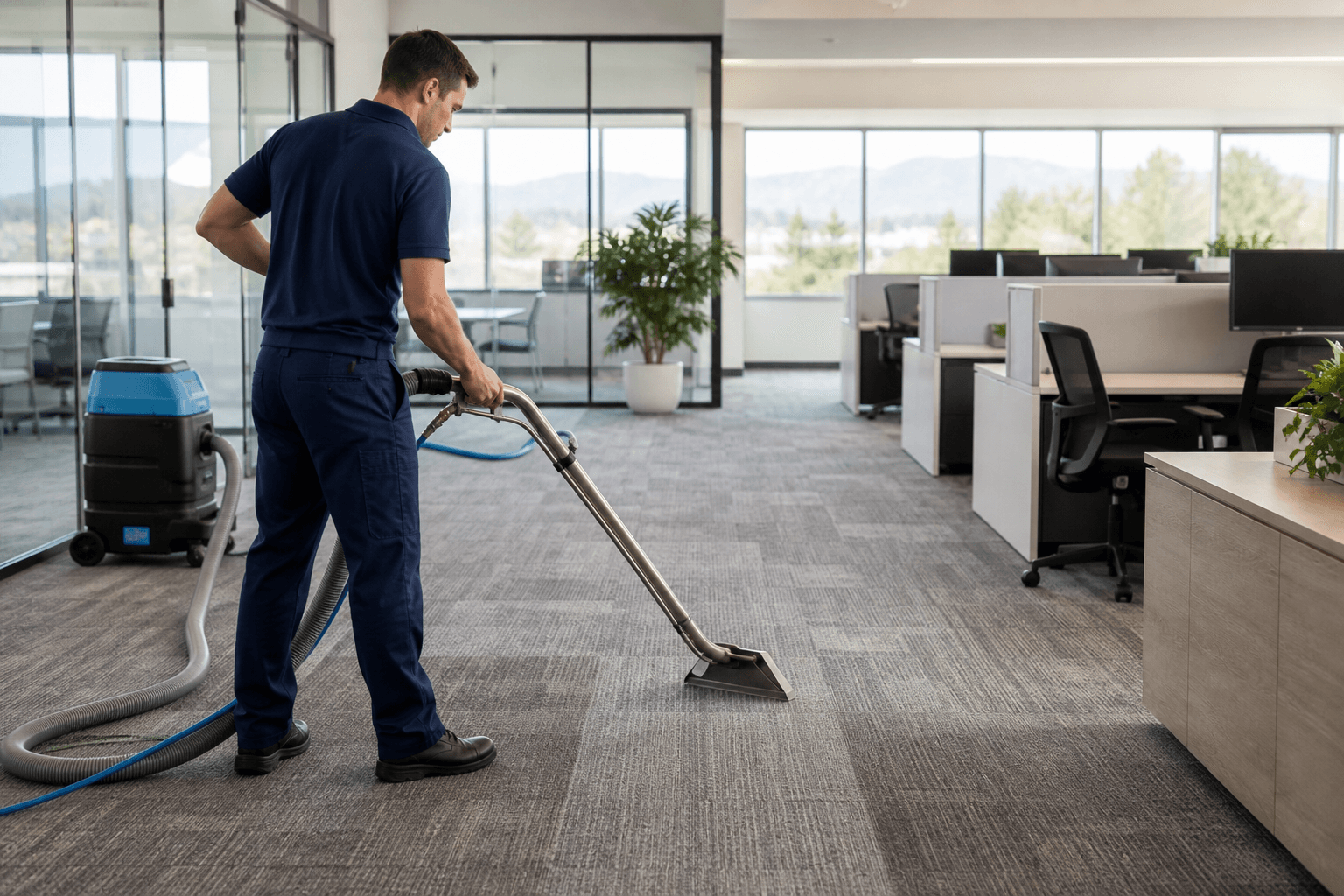 A professional technician deep cleaning commercial carpet in a modern office