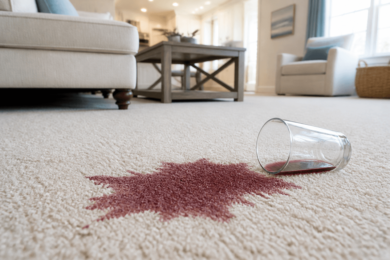 A fresh drink spill on light carpet in a bright family living room